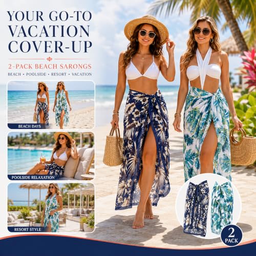 Women Sheer Beach Sarong Wrap - Blue Flowers & Coconut Tree, Long Chiffon Coverup