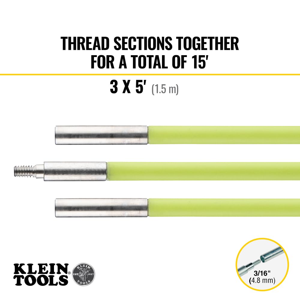 Klein Tools 50152 Mid-Flex Glow Fish Rod with Splinter Guard Coating, (3) 3/16-Inch Fish Rods with Bullet Nose, Hook Attachments, 15-Foot