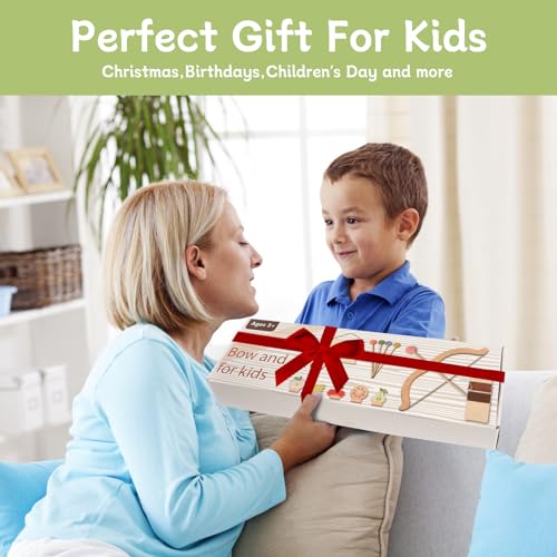 Kids Wooden Bow and Arrow Set with Felt Arrows and Targets - Safe Indoor Outdoor Toy for Children 3+