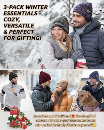 MSDC 3 Pack Winter Beanies for Men Women - Fleece Lined Knit Hats - Mix Black Beige Gray