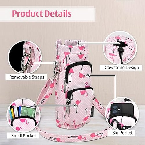 Betsey Johnson Insulated Water Bottle Pouch Holder Carrier Crossbag with Adjustable Shoulder Strap - Lightweight Polyester Accessories with Pockets Good for Hiking Travelling Sports (Flamingo Strut)