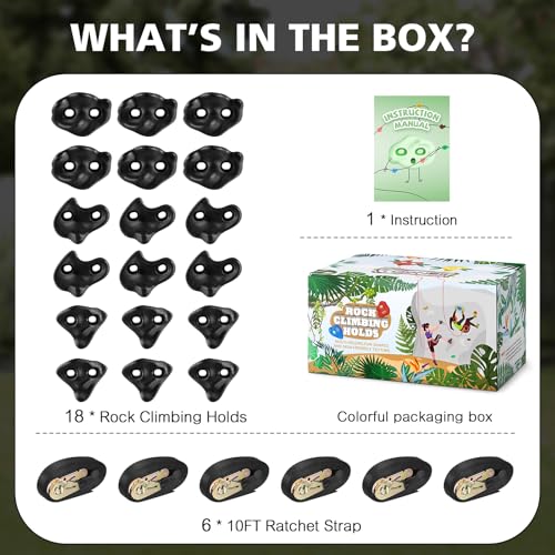 Black Tree Climbing Holds Set - 18 Pieces with 6 Ratchet Straps, Kids & Adults