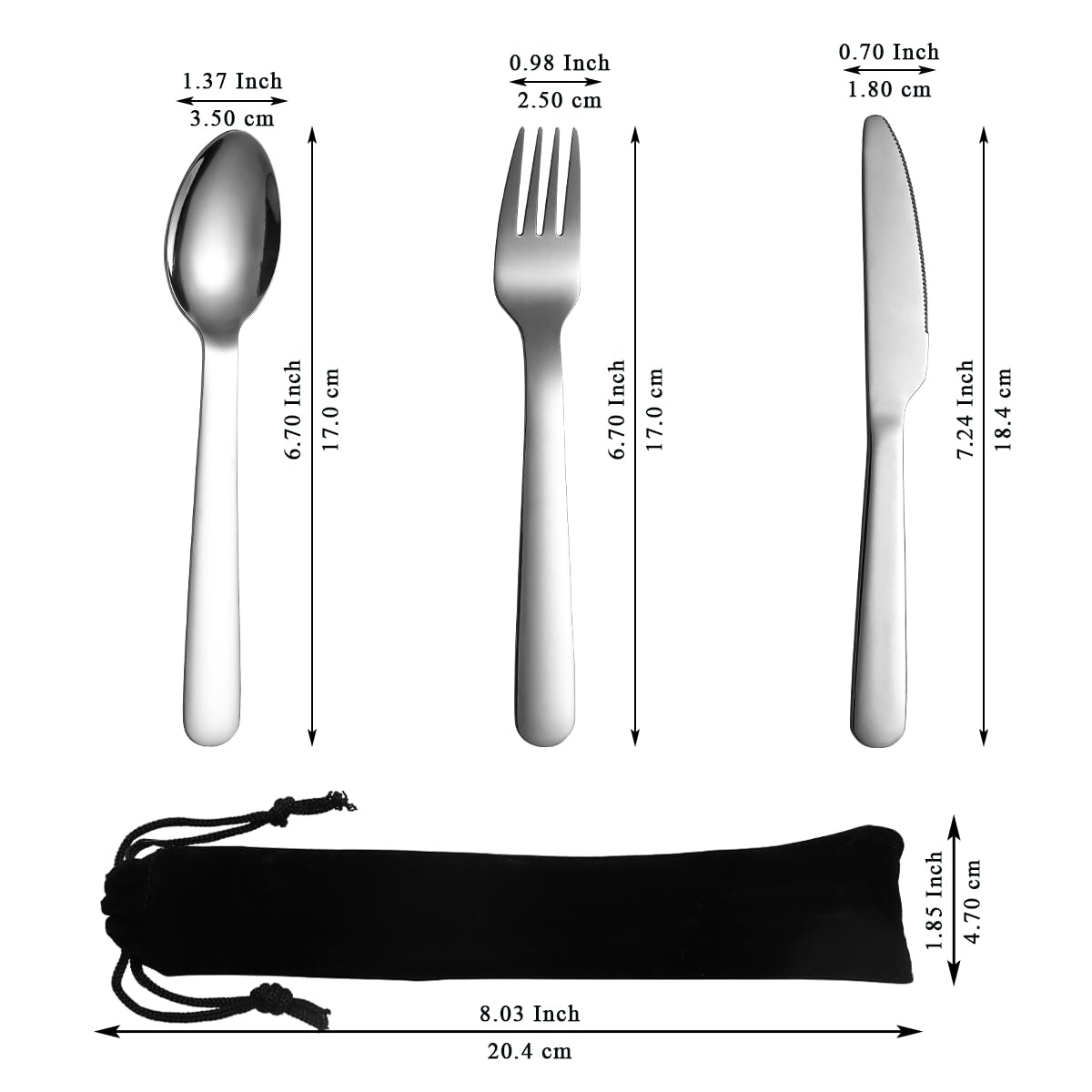 Evanda 3 Piece Portable Silverware Set, Include Knife Fork Spoon, Camping Cutlery Set With Black Bag, For Home Kitchen Camping Travel, Dishwasher Safe