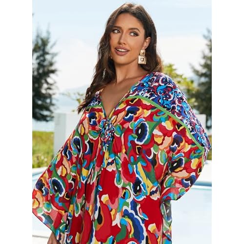 Women Kaftan Dresses Plus Size V-Neck Batwing Sleeves Beach Cover Up 2025 Summer Floral Print Caftan Dress