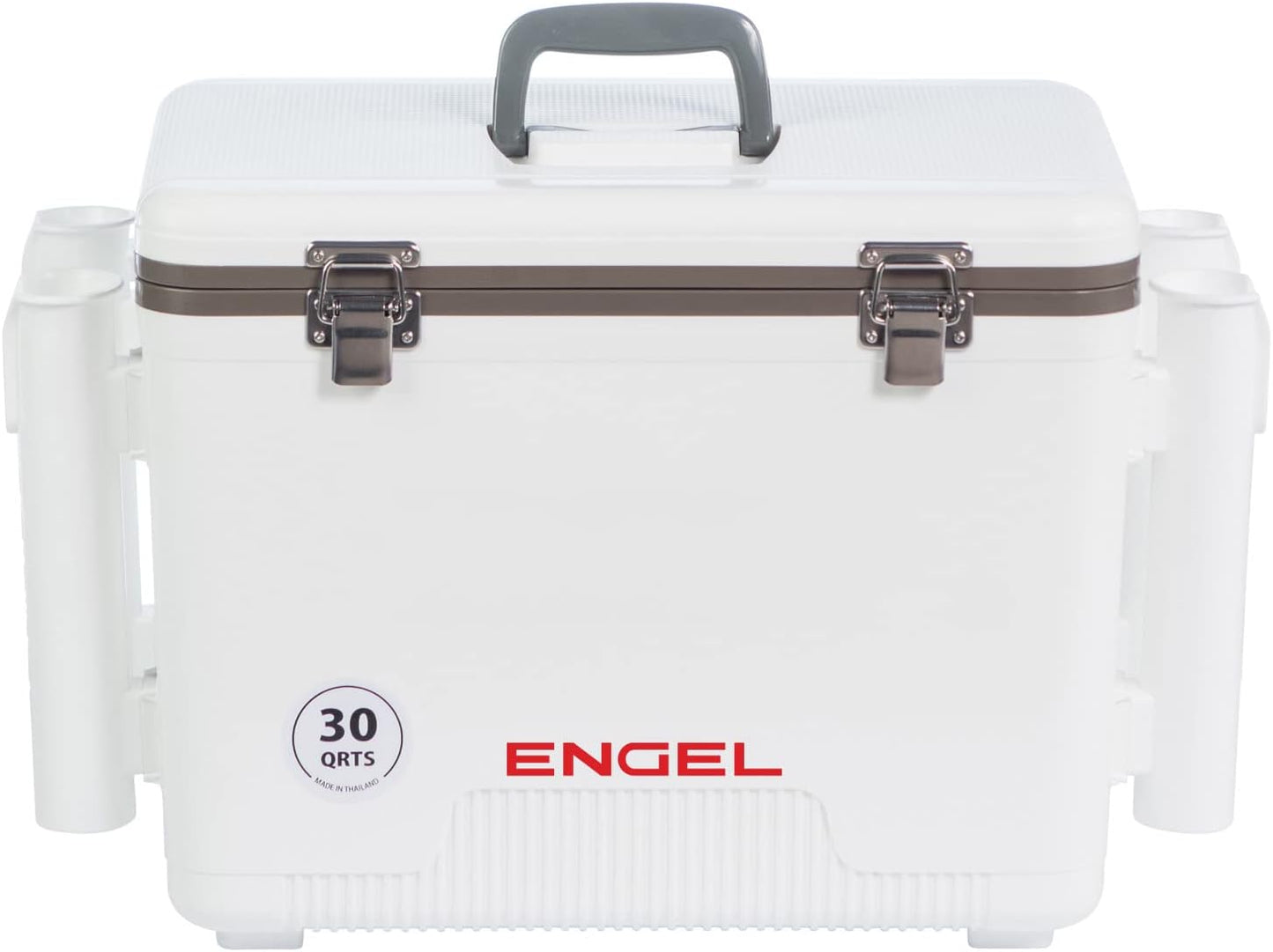 Engel UC30 30qt Leak-Proof, Air Tight, Fishing Drybox Cooler with Built-in Fishing Rod Holders, Also Makes The Perfect Hard Shell Lunchbox for Men and Women in White