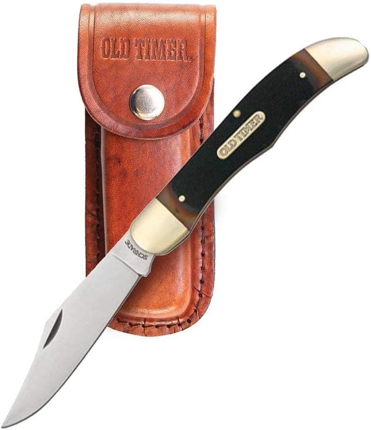 Old Timer 125OT Mustang 9.3in Traditional Folding Pocket Knife with 1 High Carbon Stainless Steel Blade, Ergonomic Sawcut Handle, and Leather Sheath for EDC, Hunting, Camping, Whittling, and Outdoors
