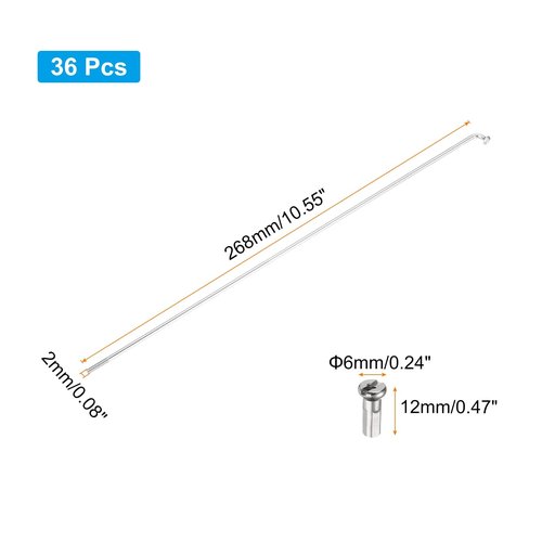 PATIKIL 14G Bicycle Spokes 268 Mm/10.55 Inch, 36 Pcs Stainless Steel J Bend 2mm Mountain Bike Spokes with Brass Nipples for City Road Bike Electric Bike MTB Wheel Spokes, Silver