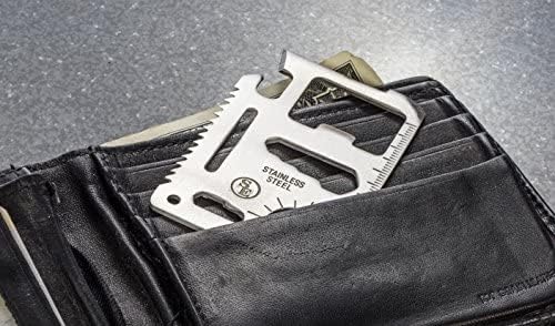 SE 11-Function Stainless Steel Survival Pocket Tool - Compact, Credit Card-Sized Multi-Tool with Leatherette Case - Ideal for Camping, Hiking, and Outdoor Activities- MT908-1