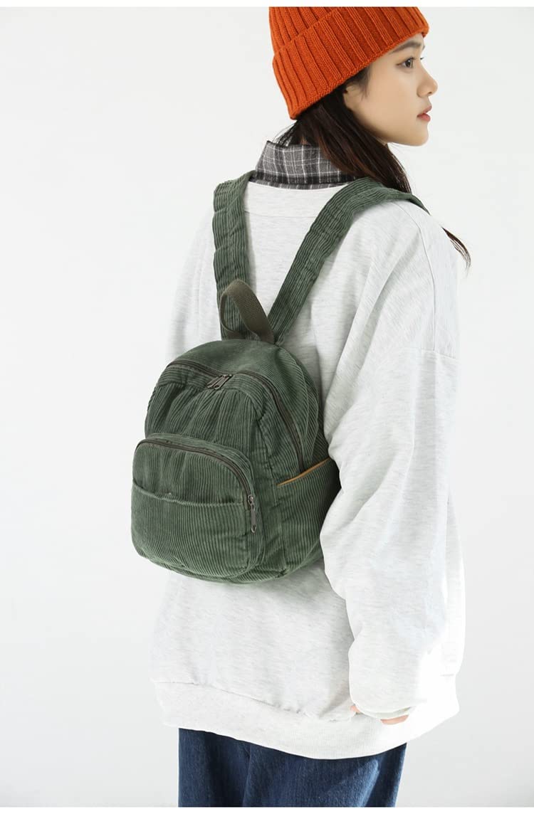MININAI Aesthetic Backpack Mini Classic Corduroy College Backpack for Women Cute Retro Grunge Casual Daypack (One Size,Green)