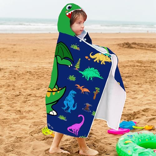 Dinosaur Hooded Beach Towel for Boys, Soft & Absorbent T-Rex Dinosaur Poncho Towel, 30¡±x50¡± Green Blue Bathrobe for Kids Cool Cartoon, Quick Dry Swim, Pool, and Bath Time