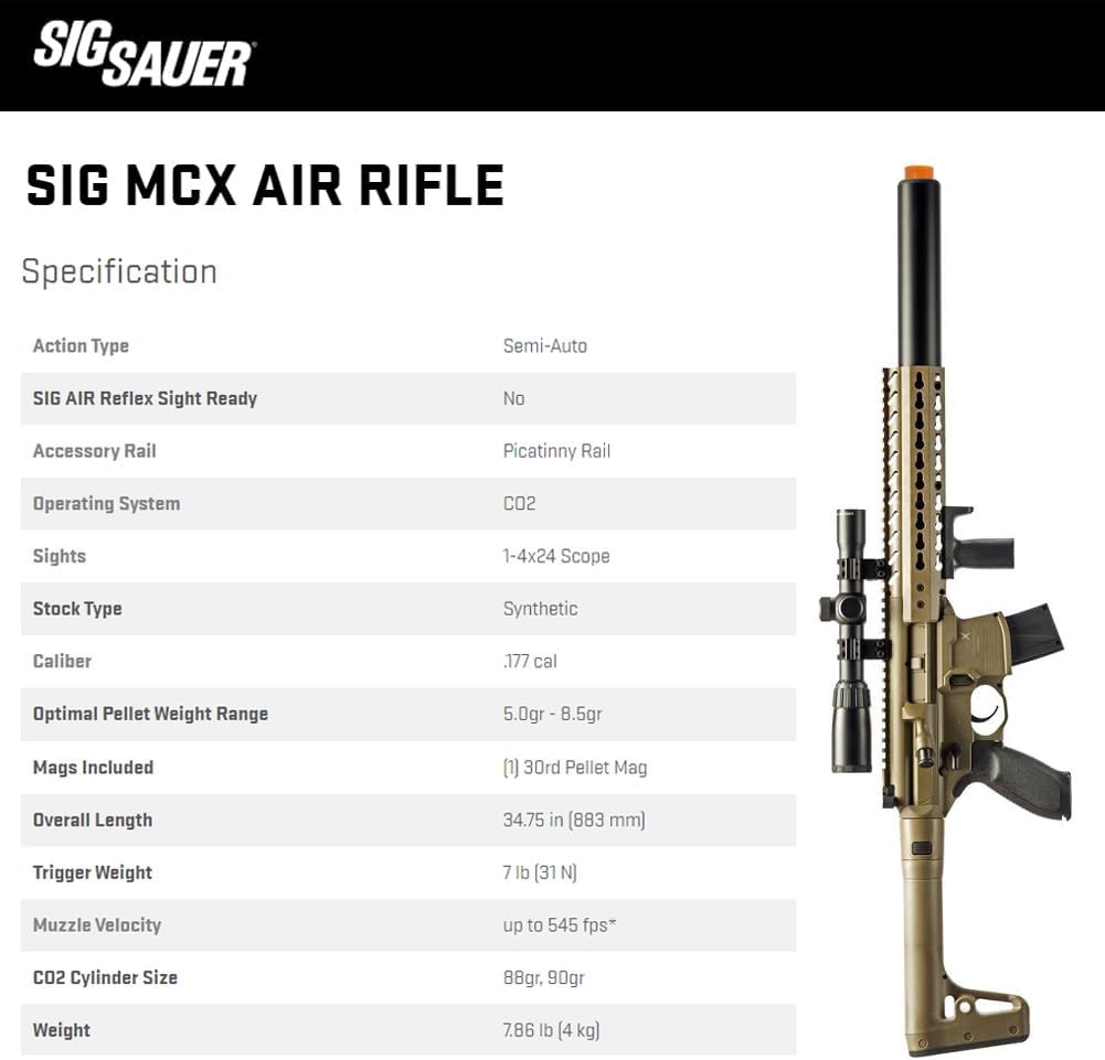 Sig Sauer Hunting Firearm Air Rifle 177 Cal CO2 Powered FDE 30 rd Pellet Mag 14x24mm AirScope Hunting Firearm Handguard 600 FPS