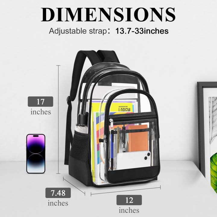 KIMNERPU Clear Backpack, Heavy Duty PVC Transparent Backpack with Reinforced Straps, See Through Multiple Pockets Large Capacity Bookbag for Concert Sport Event Work Security Travel Black-large