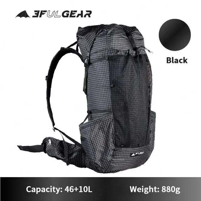 Acqorad 3F UL GEAR QiDian Pro UL 46+10L Backpack Outdoor Climbing Bag Camping Hiking Bags UHMWPE ultralight (Black)