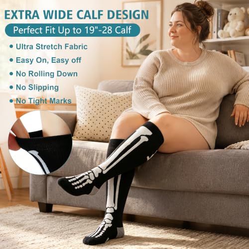 Wide Calf Compression Socks for Women & Men 20-30 mmHg Knee High 3/4 Pairs Skull Variation