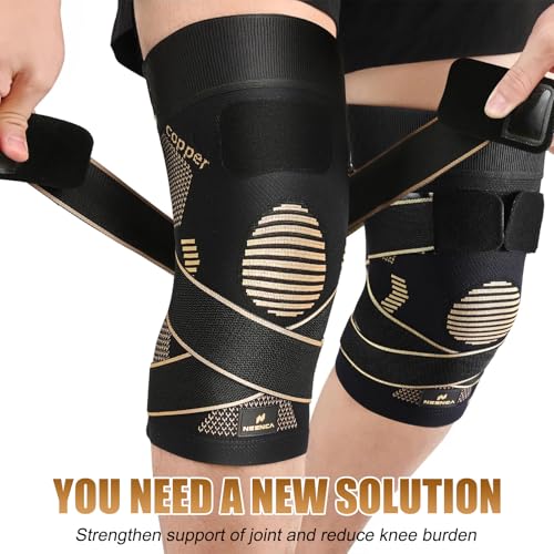 NEENCA Copper Knee Brace with Straps for Women/Men, Knee Compression Sleeve for Knee Pain, Arthritis, ACL, Meniscus Tear, Joint Pain Relief. Knee Support for Running, Workout, Weightlifting - Single