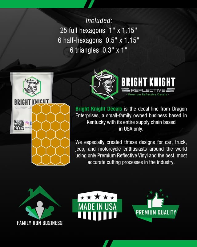 Bright Knight Reflective Tape Hexagon Hard Hat Reflective Stickers. 1" Gold Motorcycle Helmet Stickers Made with 3M Reflective Tape. Vinyl Waterproof Reflective Stickers to Stay Visible at Night.