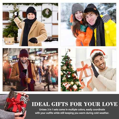 FZ FANTASTIC ZONE Mens Winter Knit Hat Beanie Long Neck Scarf Touchscreen Gloves Set Fleece Skull Caps Gifts for Men Women