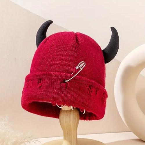 Gothic Devil Horn Knitted Beanies for Women Men Y2K Funny Crochet Skull Hat Warm Winter Cap Halloween Accessories