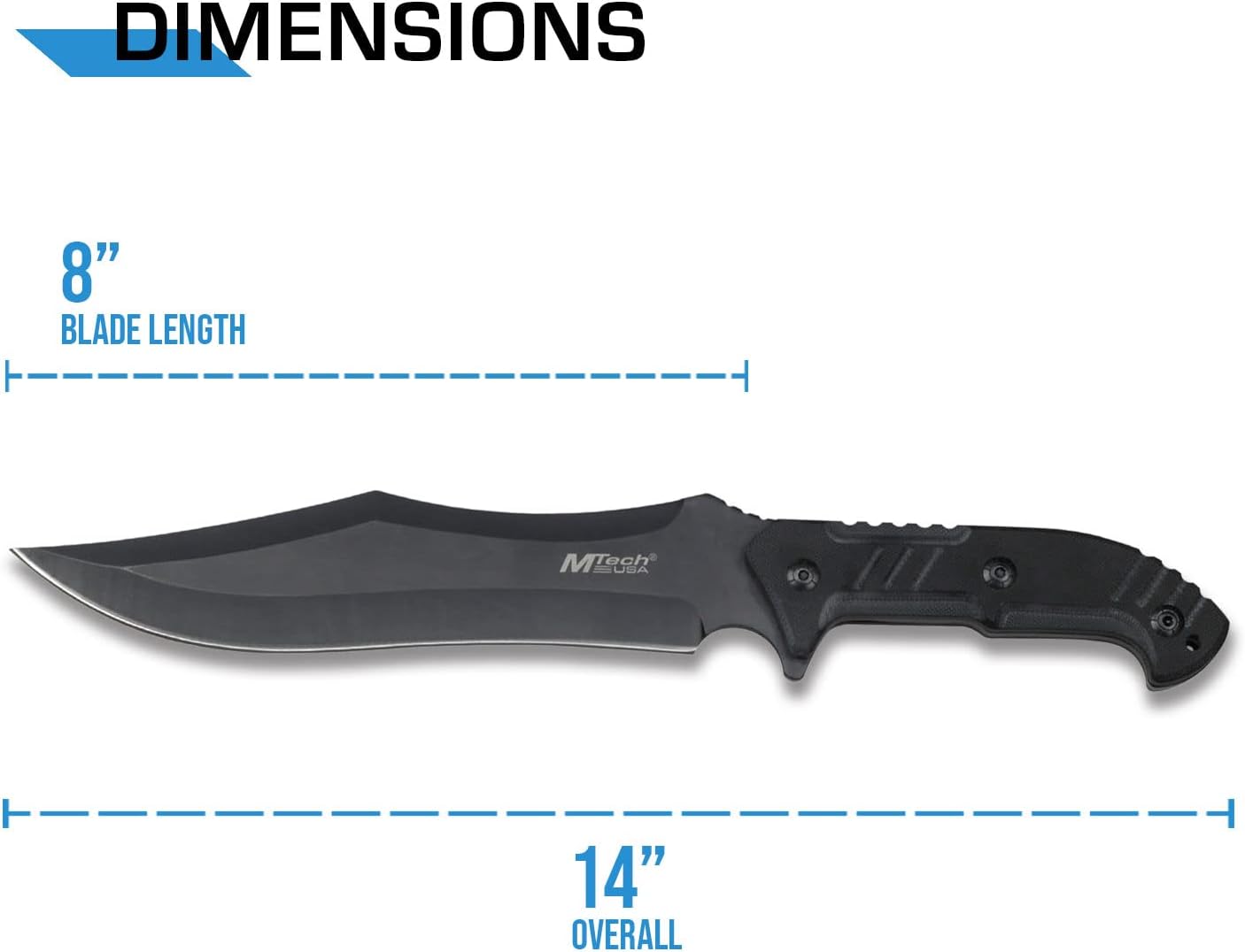 MTech USA – Fixed Blade Knife – Black Stainless Steel Blade with Black Carved G10 Handle, Full Tang, Includes 1680D Nylon Sheath - Hunting, Camping, Survival, Tactical, EDC – MT-20-39