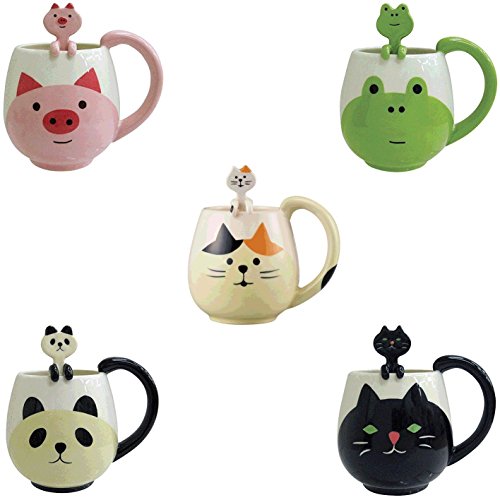 Ceramic Frog Mug with Spoon - 12 oz Green and White Animal Design