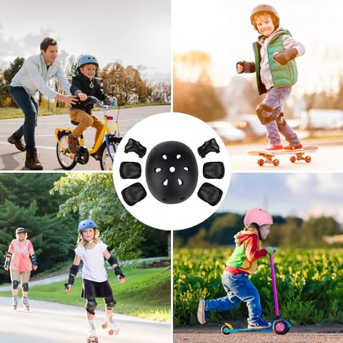 Kids Bike Helmet Set with Knee Pads Adjustable Safety Gear for 3-14 Years - Black / M