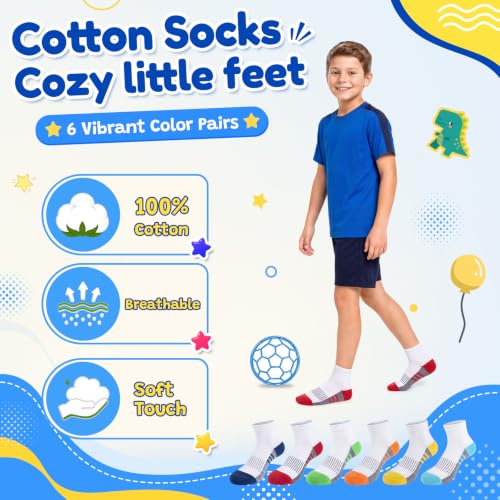 Boys Cotton Cushioned Quarter Ankle Athletic Socks - Medium-Large 6 Pairs Multicolor B
