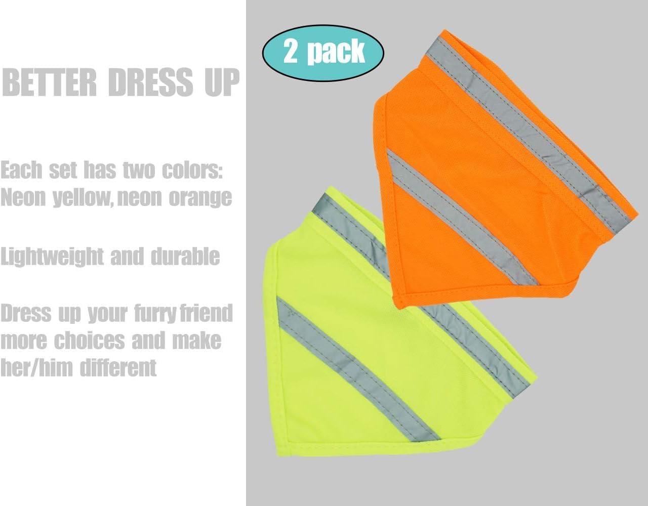 2 Pack Reflective Dog Bandana for Night Safety - High Visibility Adjustable Dog Scarf in Orange/Yellow, Fits Small Medium Large Dogs(Large)