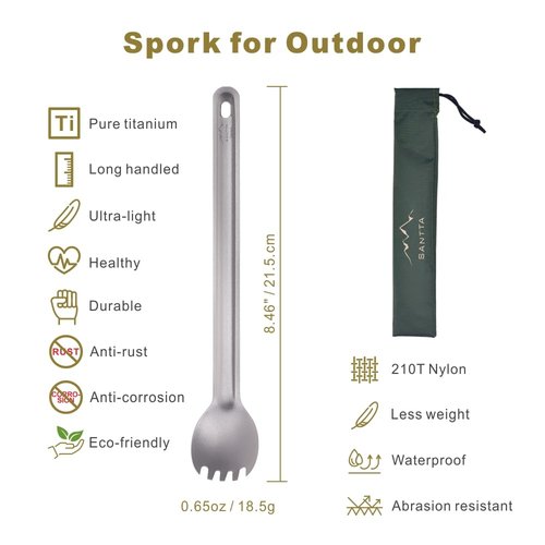 SANTTA Long Handle Titanium Spork, 8 1/2 Inch Lightweight Spoon & Fork Combo Utensil with Bag for Backpacking Fishing Hiking Bushcrafting Camping Traveling