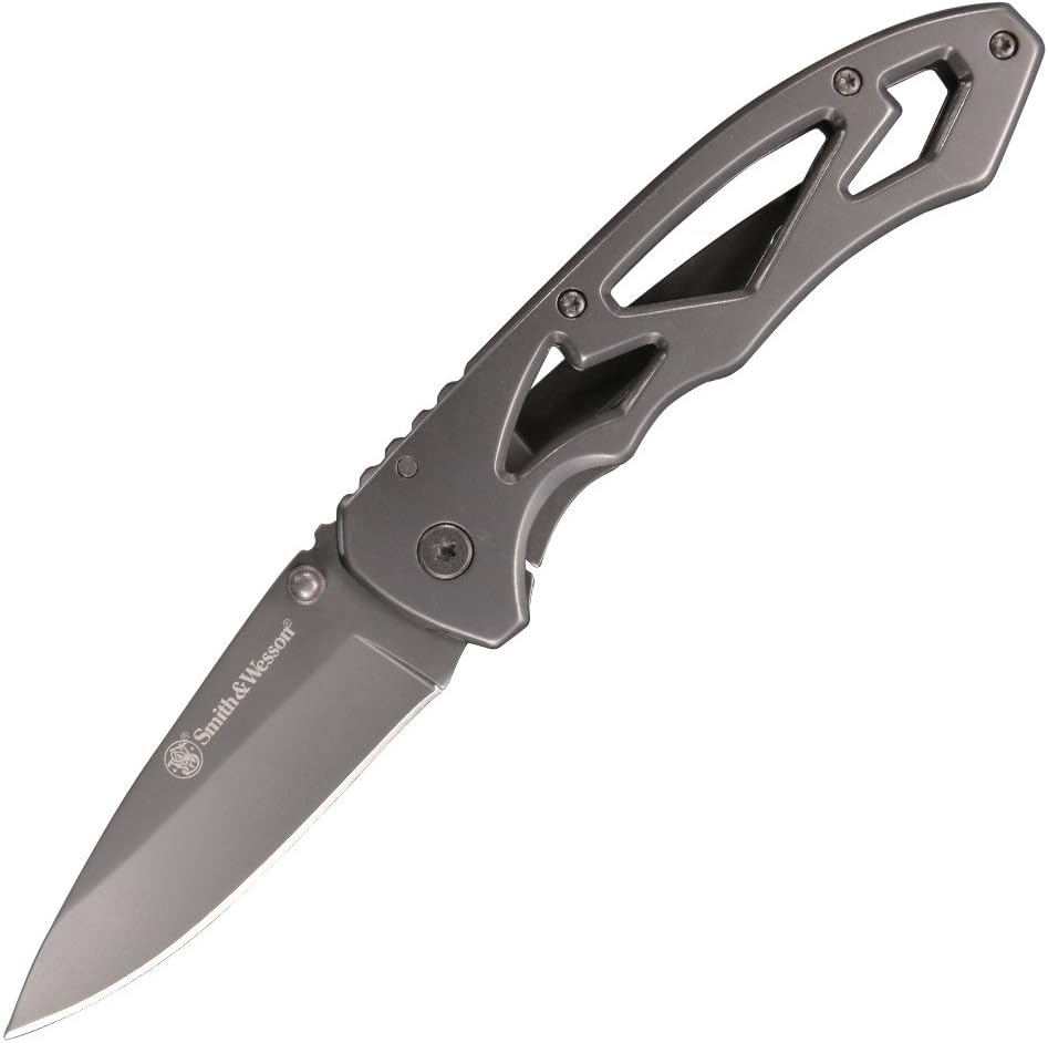 Smith & Wesson High Carbon S.S. Folding Knife with Drop Point Blade and Stainless Steel Handle for Outdoor, Tactical, Survival and EDC