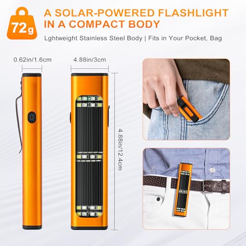 Solar/Rechargeable Flat Flashlights, 900 Lumens EDC Tactical Flashlight, Multi Function LED Small Flashlight, 7 Modes IP65 Waterproof for Home, Camping,and Emergency Use (Orange)