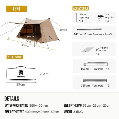 OneTigris Solo Homestead TC Canvas Hot Tent with Stove Jack, Fire-Retardant Wind-Proof Durable, 2 Person 4 Season Bushcraft Shelter Tent for Family Camping Hunting Fishing Motorcycling
