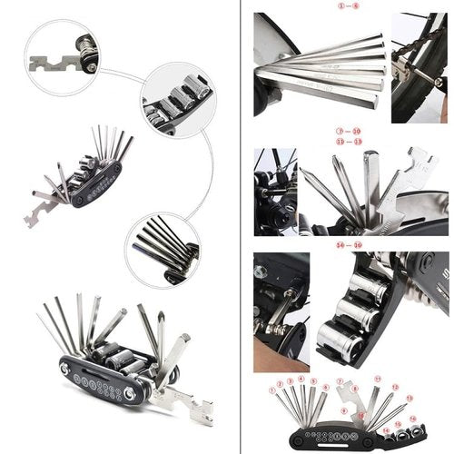 Mocaboutu 16 in 1 Bike Repair Tools Kit - Compact Design, Multifunctional Bicycle Repair Tool Set for Tire, Chain, Spoke, and More - Multifunctional Folding Bicycle Repair Combination