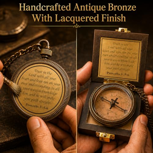 Proverbs 3:5-6 Christian Compass Gift for Baptism Confirmation & Graduation - Wooden Box & Greeting Card Included