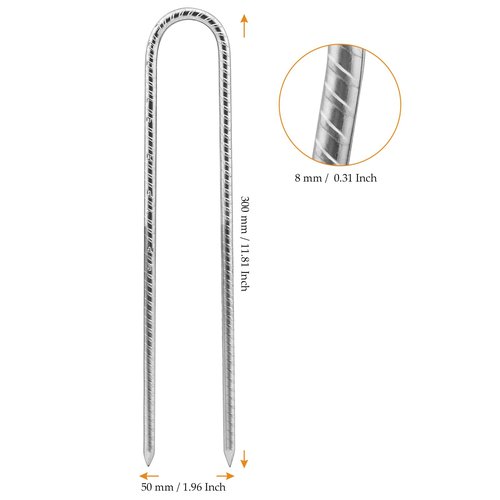 MUKCHAP 12 Pack 12 Inch U Shaped Rebar Stakes, Silver U Rebar Hook Ground Pegs, Trampoline Wind Anchors Stakes for Camping Tents