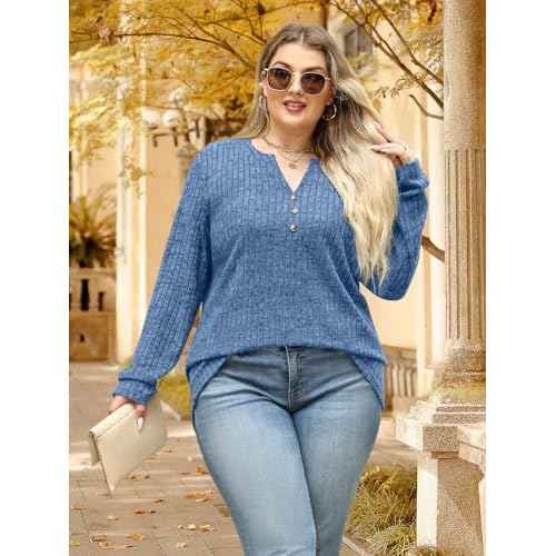 Plus Size Tops for Women Long Sleeve V Neck Button Down Shirts Casual Loose Tunic Sweaters Fall Winter Outfits L-4XL