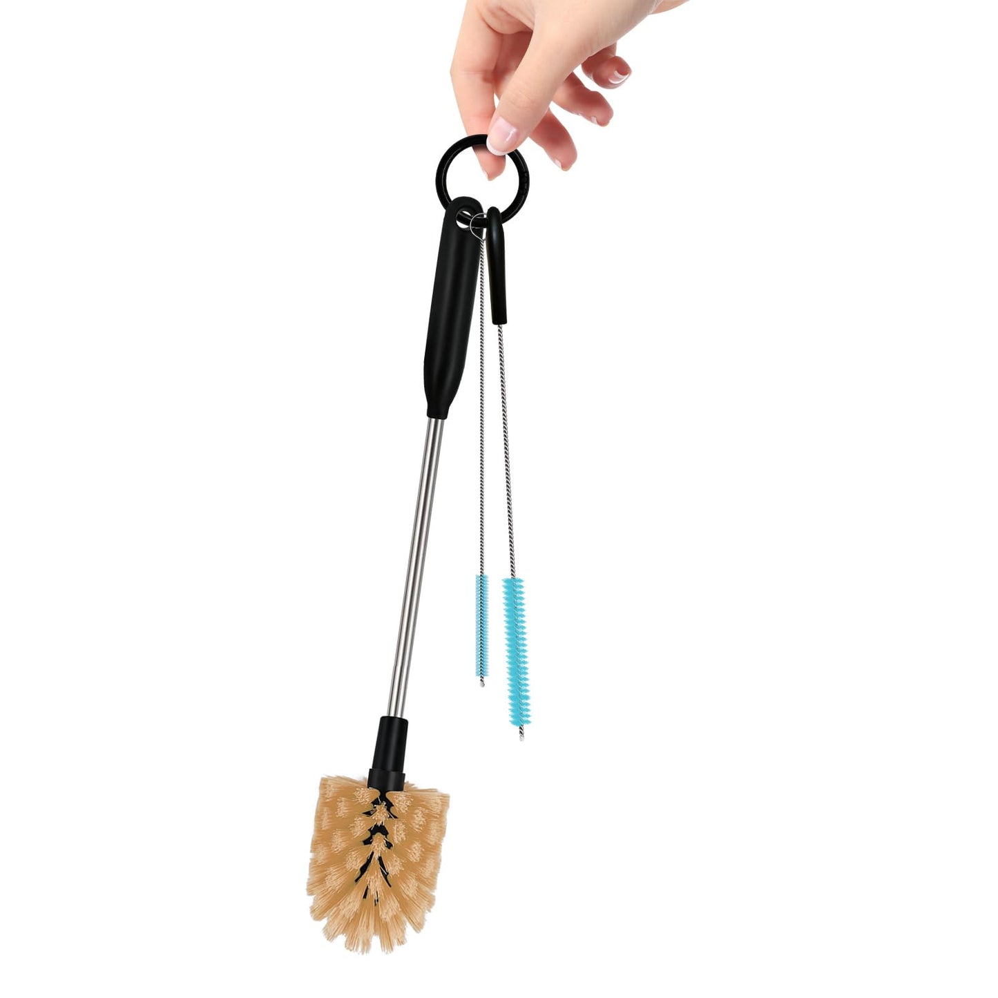 3 in 1 Long Handle Water Bottle Brush - Water Bottle Cleaning Brush Accessory - Flexible Scrubbing Brush for Water Bottles, Straws, Glassware - Includes Storage Ring and Hook, Dishwasher Safe Reusable