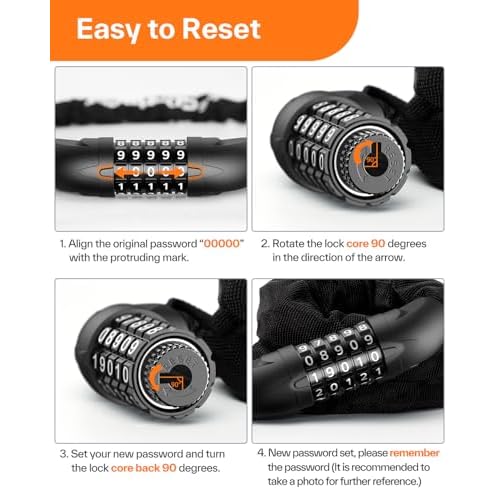Sportneer Bike Lock: 5 Digit Combination High Security Anti Theft Bike Chain Lock - 3.2/3.6/4ft Heavy Duty Keyless Bicycle Lock for Bike, Motorcycle, Scooter, Door & Gate - 4/6mm Thick, Easy to Use