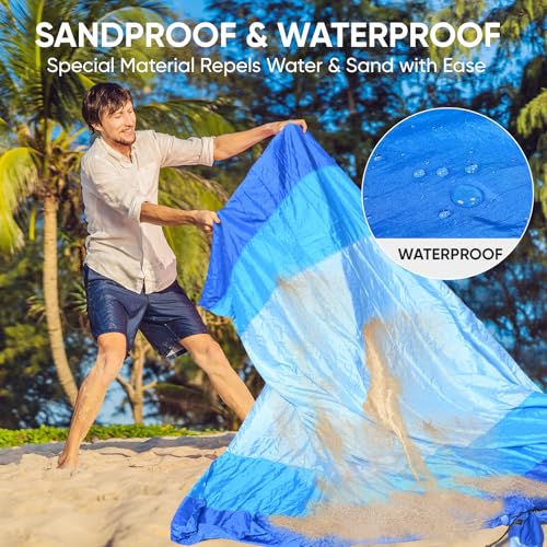 PTEROMY Beach Blanket Waterproof Sandproof, 108" X 120" Extra Large Beach Mat with Storage Bag, Quick Drying Lightweight, 6 Stakes, Accessories for Picnic, Travel (9x10 FT, Blue)