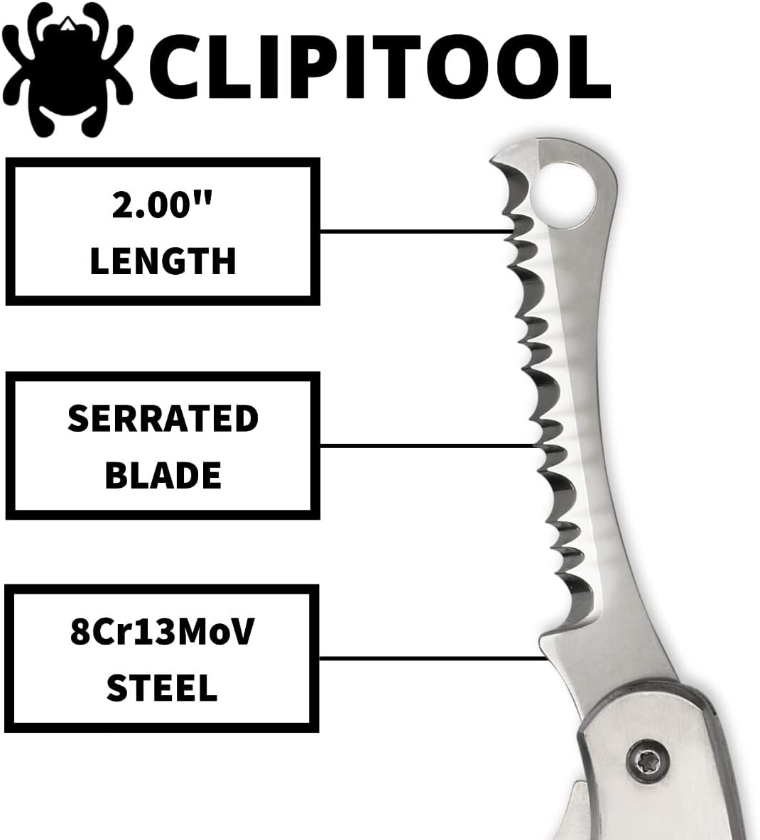 Spyderco ClipiTool Multi-Functional Stainless Steel Utility Pocket Knife with 2" Steel Blade and Screwdriver/Bottle Opener - PlainEdge - C175P