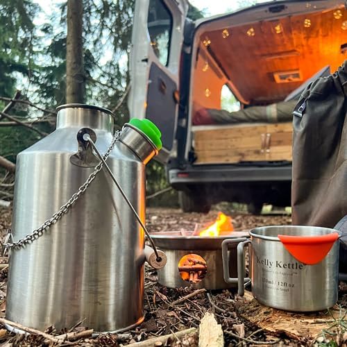 Kelly Kettle® Ultimate 'Scout' Kit VALUE DEAL | 41oz Steel Camp Kettle, Cook Set, Hobo Stove, Cups, Plates, Base Support | Use Sticks to Boil & Cook Fast | Camping, Fishing, Picnics, Emergencies