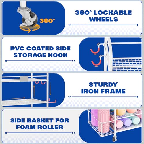Yes4All Dumbbell Rack, Weight Rack for Home Gym, Sports Equipment Organizer for Dumbbells Kettlebells Yoga Mat Foam Roller and Balls, All in One Gym Workout Storage with Wheels and Hooks, White