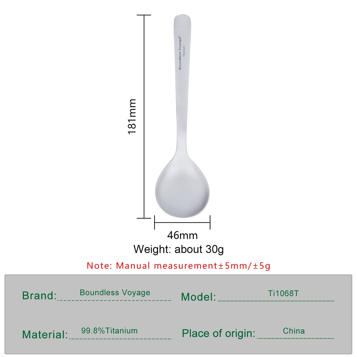 iBasingo 18.1cm Titanium Spoon with Big Bowl Lightweight Metal Camping Cutlery Durable Long Handle Soup Spoon Ti1068T