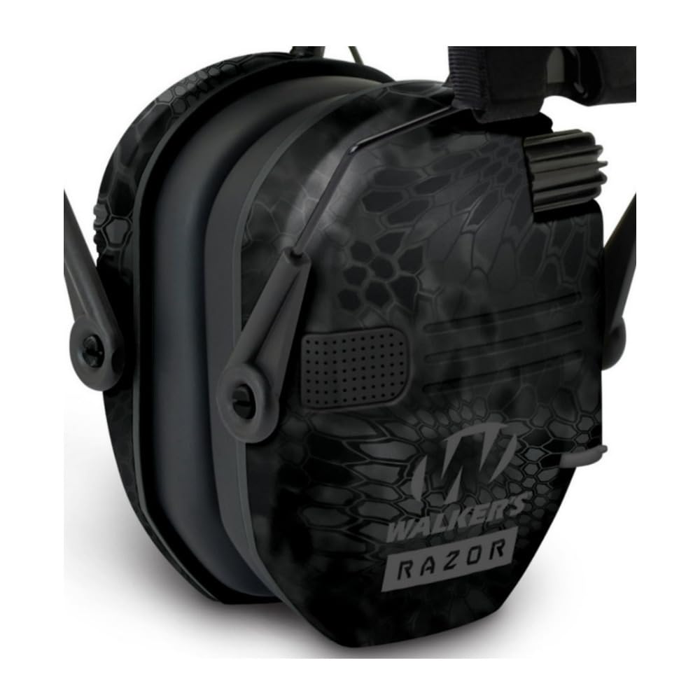 Walkers Razor Patriot Series Hi-Gain Omnidirectional Microphone Electronic Muffs (Kryptek Camo) Bundle with Walkie-Talkie Attachment, Protective Sport Glasses and Cleaning Cloth (4 Items)