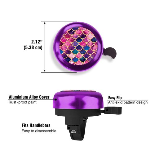WIRESTER Purple Aluminum Round Bike Bell, Classic Ring Bicycle Bell, Bike Accessories Bell Ring for Adults Kids Girls Boys - Pink Mermaid Scales