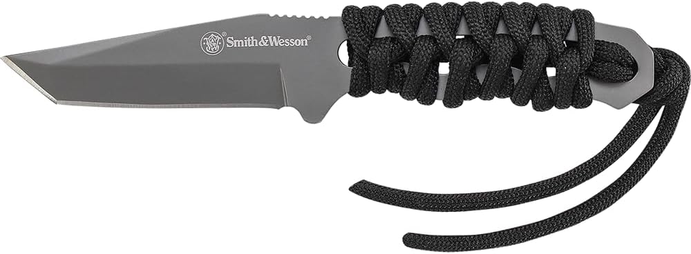 Smith & Wesson SW910TAM 5.9in High Carbon S.S. Full Tang Neck Knife with a 2.8in Tanto Blade and Paracord Handle for Outdoor, Tactical, Survival and EDC