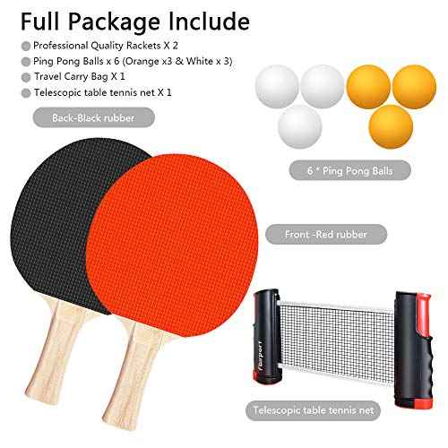 FBSPORT Ping Pong Paddle Set, Portable Table Tennis Set with Retractable Net,Rackets,Balls and Carry Bag for Indoor/Outdoor Games