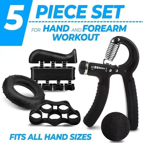 Hand Grip Strengthener Exercise Kit with 5 Pieces, Hand Exerciser for Men Women, Power Hand Grip Trainer, Finger Stretcher, Grip Ring, Stress Relief Ball, for Grip Strength Training (Black)