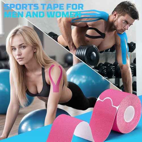 80 Strips Kinesiology Tape, 4 Rolls Precut Athletic Tape Elastic Waterproof Sports Tape 2 Inch x 16 Feet Body Tape with Scissors for Joint Support Muscle (Beige, Black, Blue, Pink)