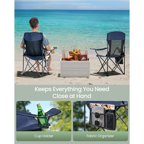 SONGMICS Breathable Camping Chairs, Foldable Outdoor Chairs Set of 2, High Back, Adjustable Armrests, Drink Holder, Weight Capacity 330 lb, for Sports Garden Backyard, Harbor Blue UGCB028Q01