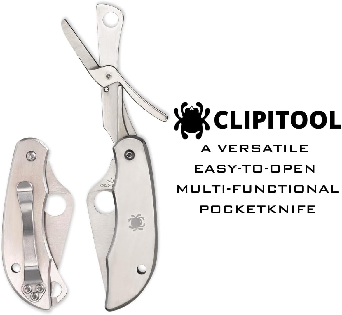 Spyderco ClipiTool Multi-Functional Stainless Steel Utility Pocket Knife with 2" Steel Blade and Screwdriver/Bottle Opener - PlainEdge - C175P